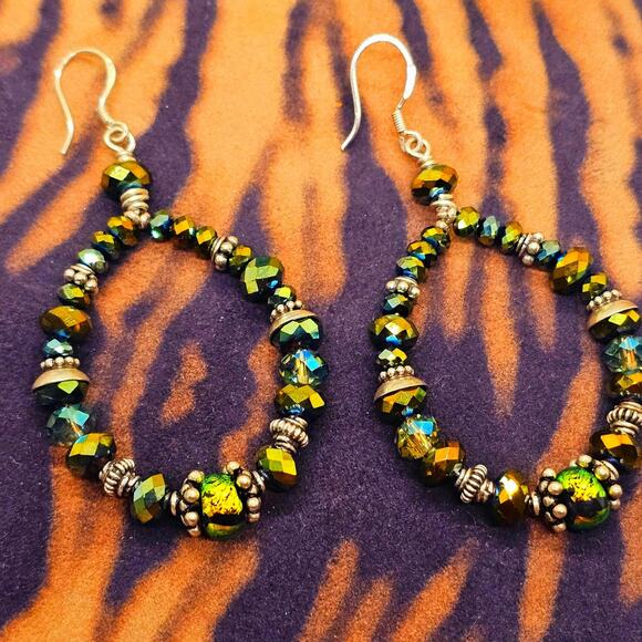 Dichroic Glass Crystal Bead Sterling Teardrop Artisan Earrings - Picture 6 of 10